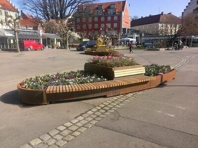 Bild vergr��ern: Die Entwicklung am Lindauer Hafen schreitet voran: Die Hafenpromenade wird versch�nert durch ovale Pflanzb�nke sowie Pflanzk�bel, in denen bunte Blumen den ganzen Sommer �ber Farbakzente setzen und Palmen f�r s�dliches Flair sorgen.