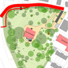 Bild vergr��ern: In der Grafik Rot dargestellt zeigt den Bereich, in den eingegriffen werden muss - mit einer Stra�e und einem Gehweg (schmal). Der schraffierte Bereich zeigt den B�schungsbereich am Holdereggenpark.
